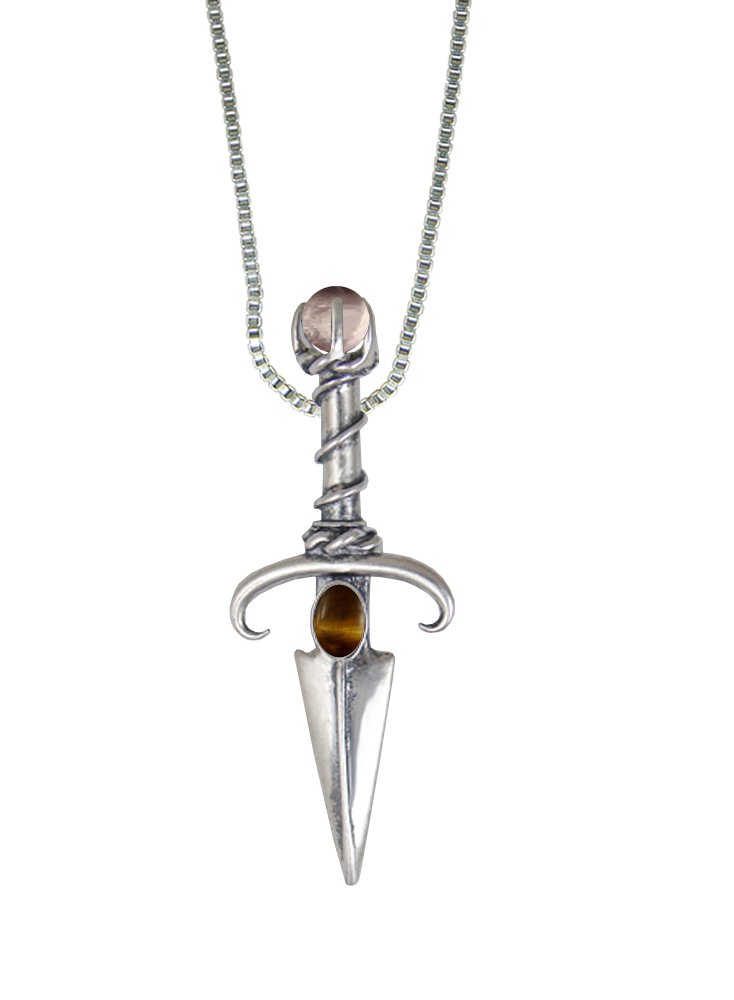 Sterling Silver Black Prince's Knife Dagger Pendant With Tiger Eye And Rose Quartz